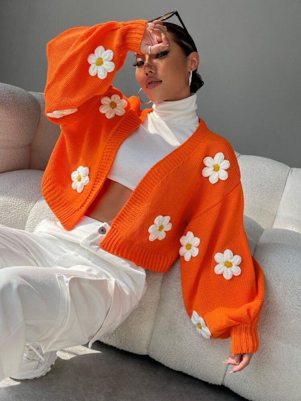Comfortcana Floral Applique Bishop Sleeve Crochet Cardigan,Long Sleeve Tops