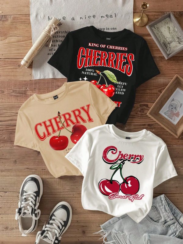 3pcs/Set Casual Minimalist Cherry Pattern Crew Neck Long Sleeve Cropped Fitted T-Shirt For Women, Suitable For Summer