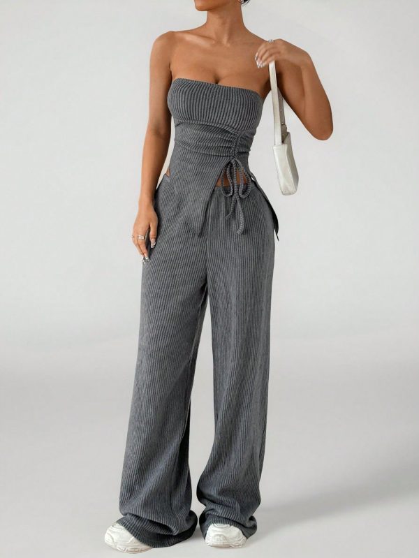 2pcs Women's Summer Solid Color Side Drawstring Crop Top And Pants Fashion Outfit