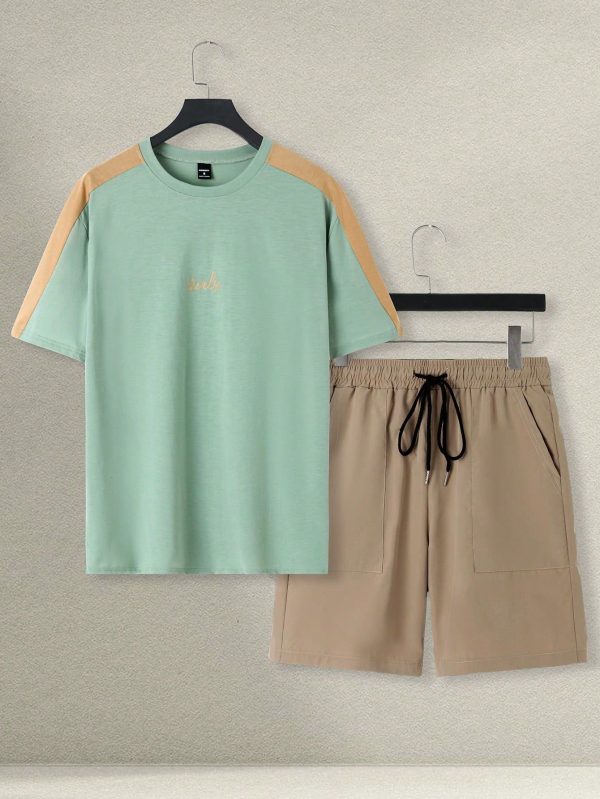 Men's Contrast Color Round Neck Short Sleeve T-Shirt And Draw String Waist Pocket Shorts Set