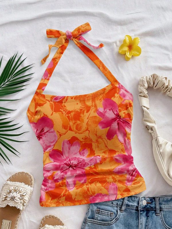 Women's Vacation Halter Neck Ruched Fitted Tank Top, Suitable For Summer Holidays, Orange Big Floral Print, Vintage Style, Casual Holiday Style, Sexy, Cute, Y2K Coconut Girl, Bohemian, Music Festival