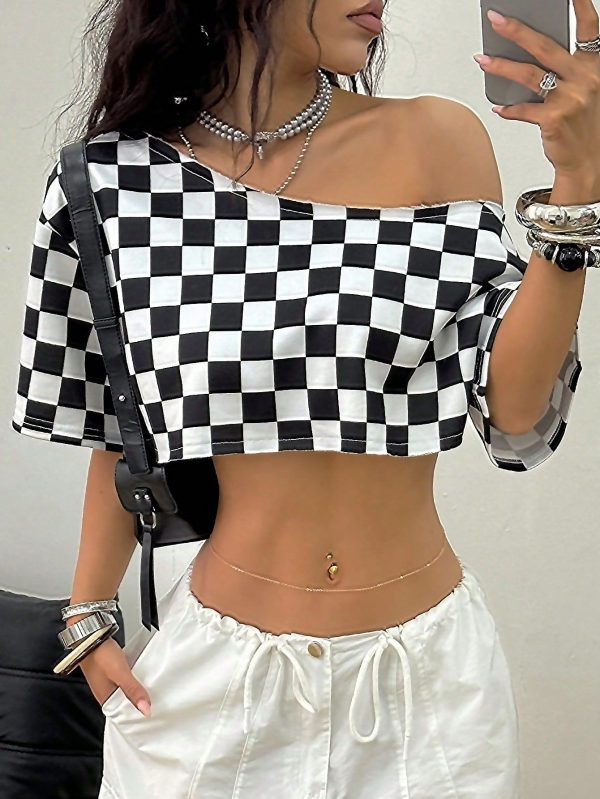 Women's Summer Streetwear Sportswear Preppy Street Style Music Festival Vintage Y2K Checkerboard Asymmetrical Collar Loose Crop  T-Shirt
