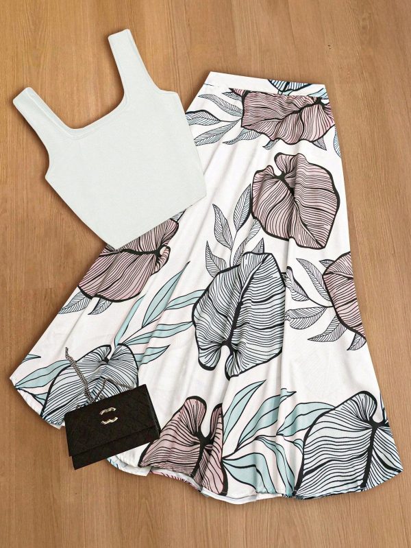 Plus Size Women's Summer Square Neck Sleeveless Stretchy Knit Tank Top & High Waist Slit Leaf Print Straight Maxi Skirt Two Pieces Set. The Top And Bottom Can Be Worn Separately With Other Clothes. Suitable For Beach Vacation, Outing, Daily Dates, Office, Back To School, Etc.
