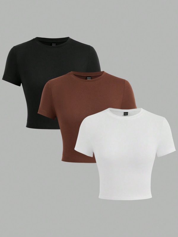 3pcs/Set Casual Solid Color Round Neck Short Sleeve Crop Tops For Women, Summer