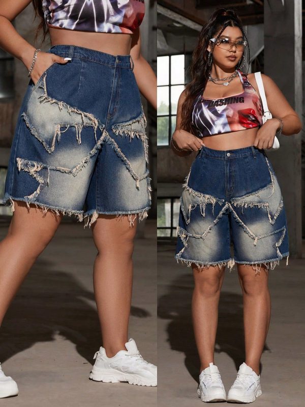 Plus Size Women's Denim Shorts, Street Style Sexy Star Print Blue Shorts Cargo Women Low Rise Shorts, For Summer