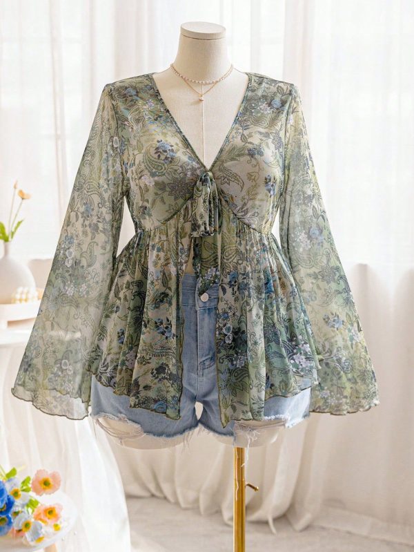 Women's Plus Size Front Bow Tie Band Print Open Front Long Flare Sleeve Shirt, Perfect For Music Festivals, Beach Outings Or Country Concert Outfits, For Christmas Boho Blouseblouse Greenbohemian Topfloral Blouse For Women