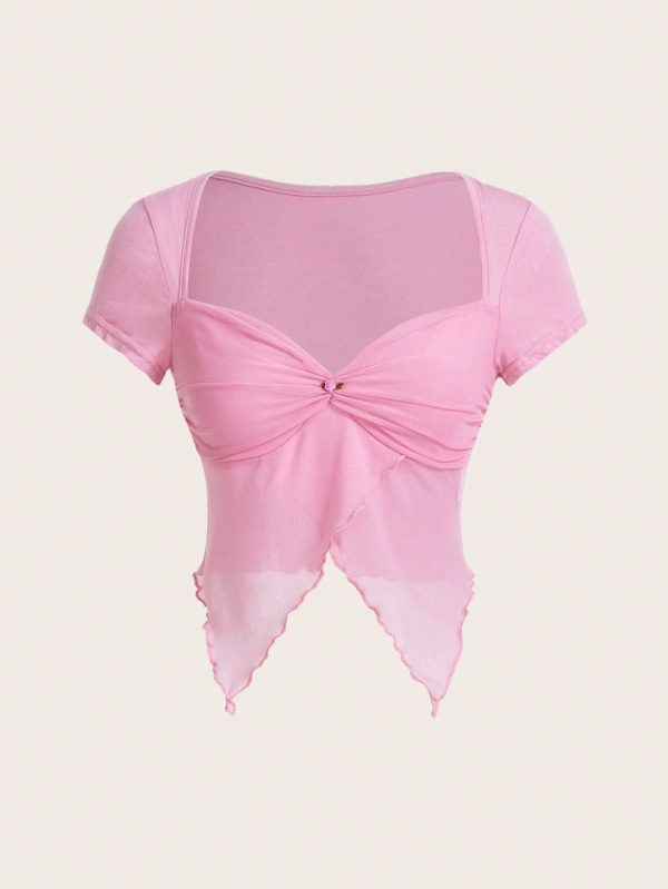 Y2k Summer Spring Outfits Square Neckline Ruched Chest Asymmetrical Hem Slim Fit Short Sleeve Cute Pink T-Shirt