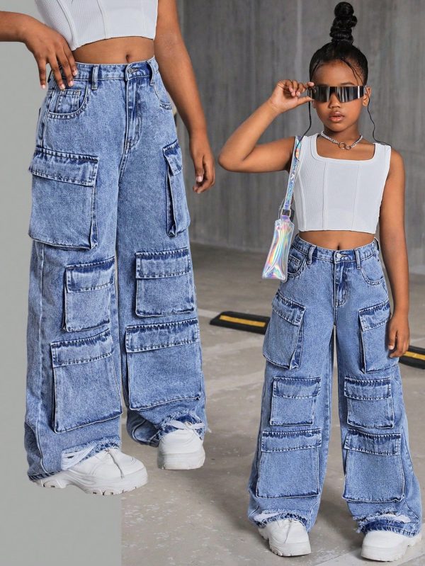 Tween Girls' Y2K Fashion Stonewashed Multi-Pocket Distressed Cargo Jeans Baggy Wide Leg Pants, Tween Girl Fall Clothes Back To School Outfits