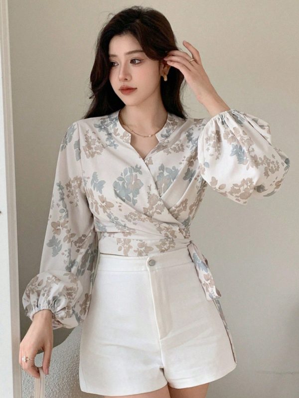 Floral Patterned Long Sleeve Wrap-Around Tie Waist Women's Blouse,Long Sleeve Tops