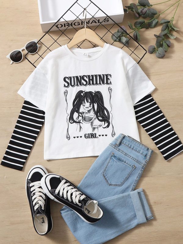 Tween Girl Letter & Striped Print Drop Shoulder 2 In 1 Tee