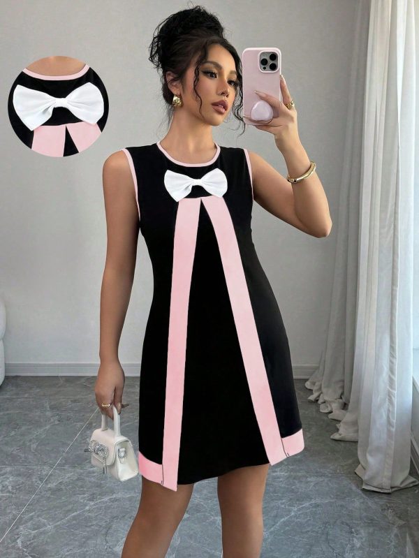 Women's Spring/Summer Knitted Elastic Sleeveless Round Neck Bow Decor A-Line Short Casual Elegant Dress
