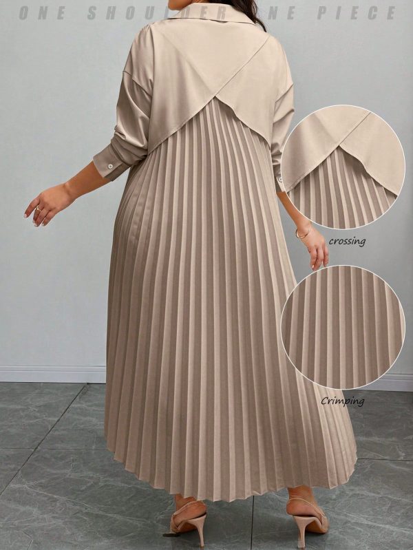 Plus Size Women Solid Color Long Sleeve Shirt Dress With Pleated Back