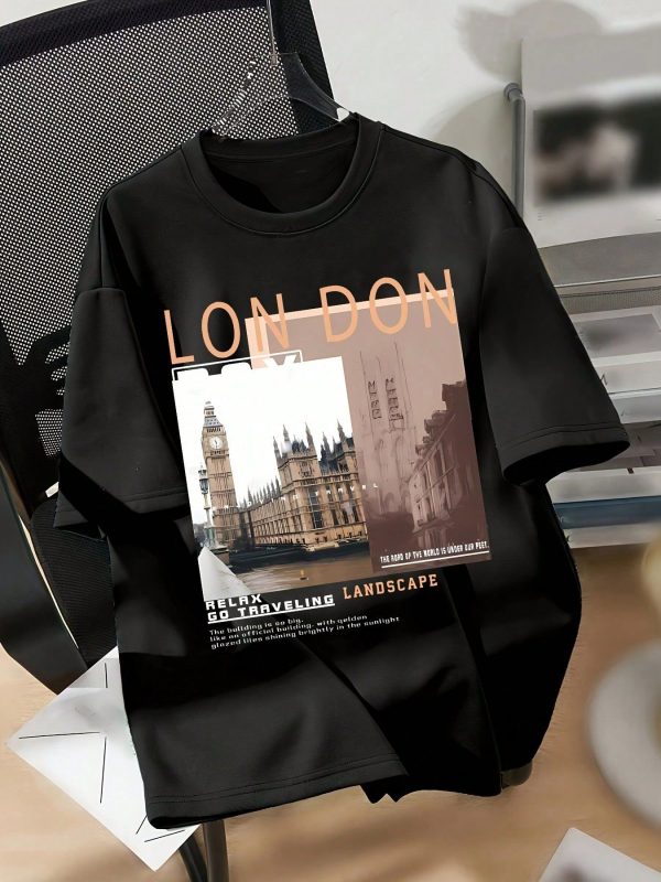 Women's 100% Cotton Casual And Simple Architecture Scenery Print Round Neck  T-Shirt, Women's Christmas 220g Heavy Cotton T-Shirt (1 PC)