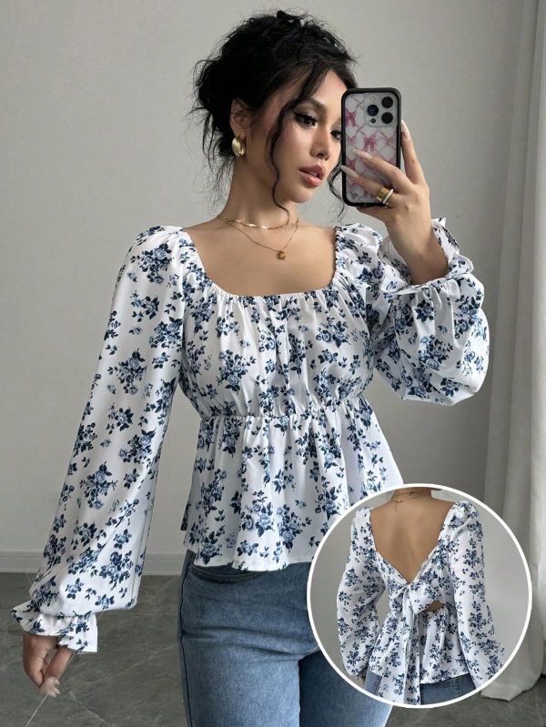 Women's Casual Ditsy Floral Cinched Waist Puff Sleeve Shirt, Spring & Summer Peplum Top