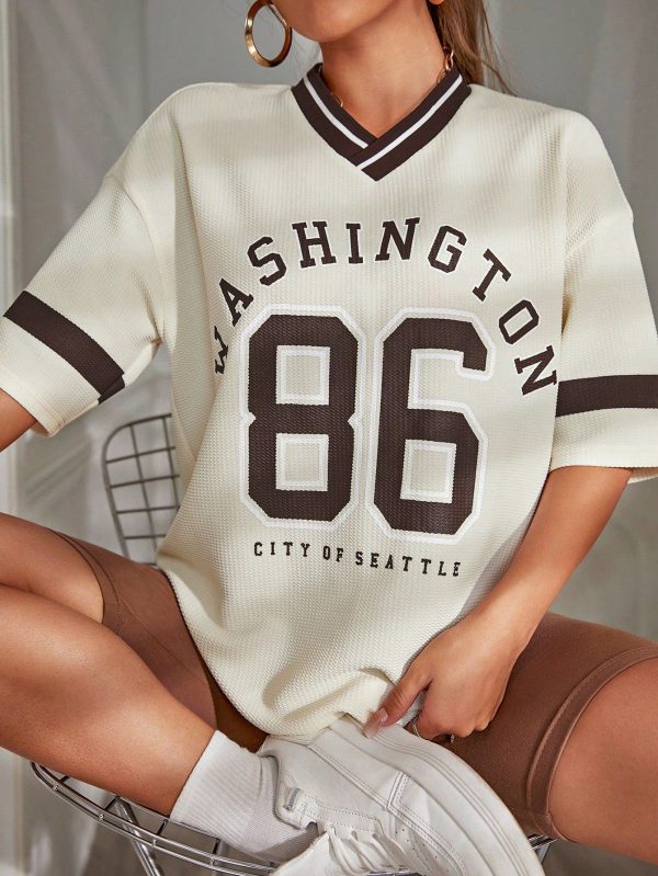 Drop Shoulder Letter & Number Print Tee Graphic Tees Women Tops