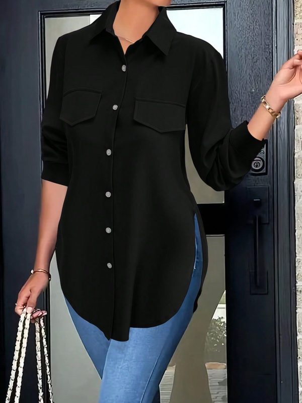 Fashion Women Side Slit Hem Fake Pocket Casual Shirt