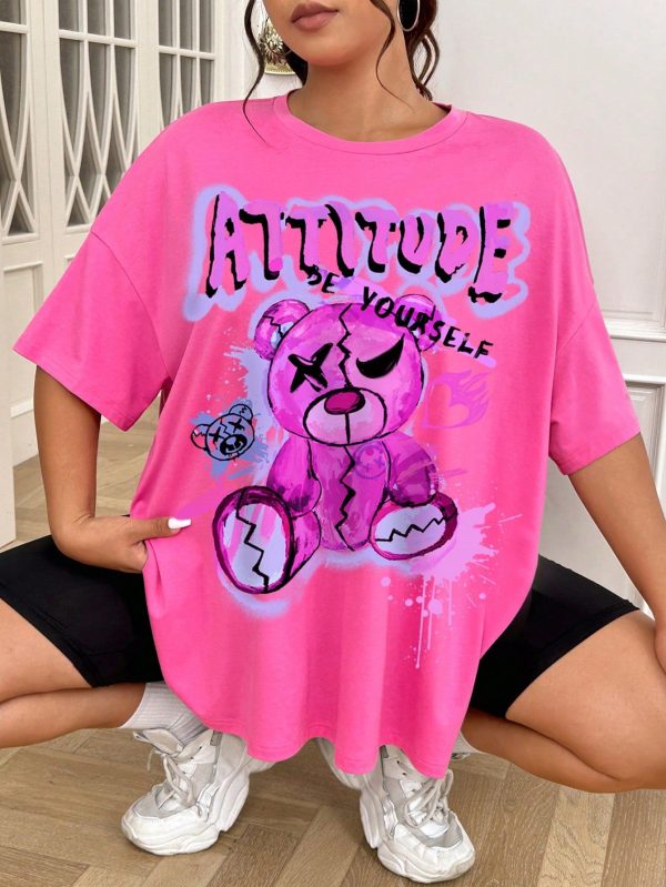 Plus Size Women Dark Style Bear Letter Print Short Sleeve Loose T-Shirt Suitable For Summer