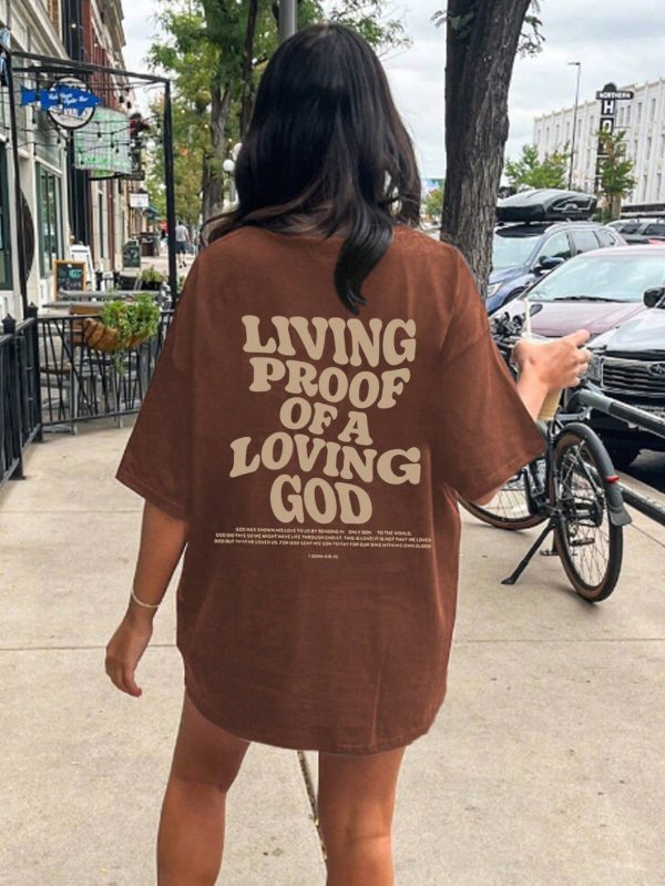 Plus Size Loose Fit Casual Summer T-Shirt With Slogan And Drop Shoulder Design LIVING PROOF OF A LOVING GOD Graphic Tees Women Tops