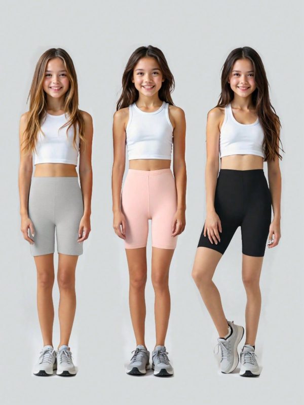 3pcs/Set Tween Girl Solid Color Casual Shorts And Leggings, Spring/Summer, Sold Separately From Top