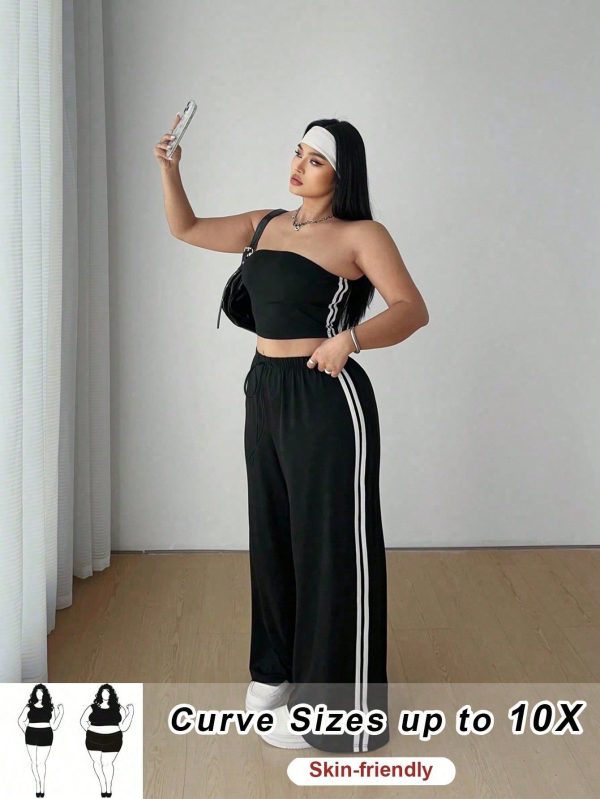 Plus Size Summer Casual Contrast Stripe Tube Top & Pants Two Pieces Set