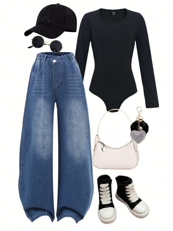 Teen Girls Black Fitted Jumpsuit & Casual Loose Asymmetric Waistband Wide Leg Jeans Set, Fashionable Everyday Wear