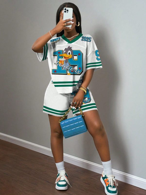 2025 Spring/Summer Casual Simple Jersey Outfit, Women 2 Pieces Set With Digit 19 And Duck Print,Summer Sets