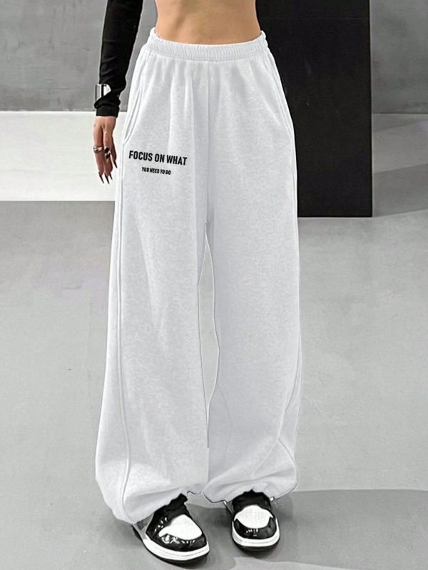 Women's Gray Slogan Print Jogger Sweatpants With Elastic Cuffs