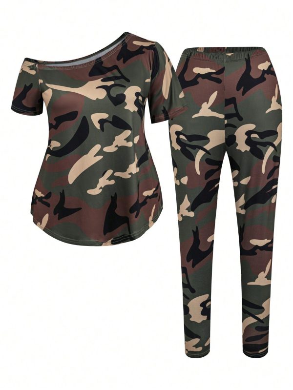 Plus Size Camouflage Print Casual Top & Pants 2-Piece Set, Summer