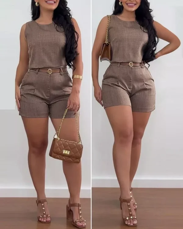 lasaky - Flattering Two-Piece Set with Round Neck Top and Ruched Shorts