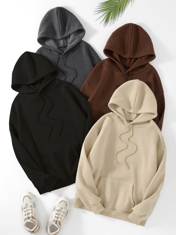 4packs Kangaroo Pocket Drawstring Thermal Lined Hoodie, Long Sleeve Tops