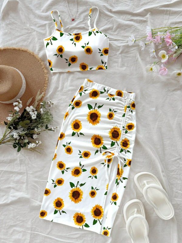 Women Casual Camisole & Drawstring High Slit Bodycon Skirt Set, Suitable For Summer, Vacation, Sunflower & Floral Print,Springbreak ,Brunch-Ready