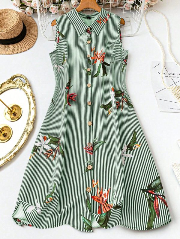Plus Size Women's Minimalist Sleeveless Summer Striped Single Flower Print Shirt Collar Dress