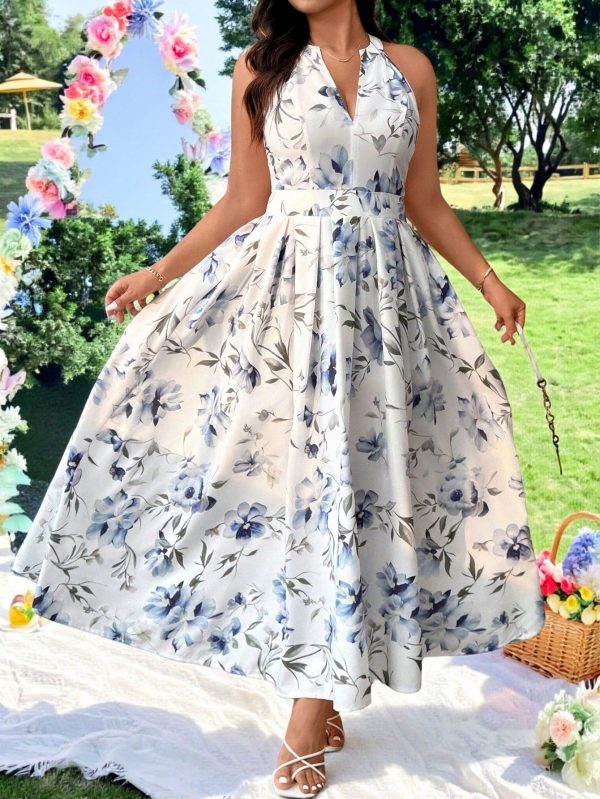 Plus Size Women's Summer Resort Style Deep V-Neck Sleeveless Waist Cinching Long Dress, Suitable For Beach, Seaside, Vacation