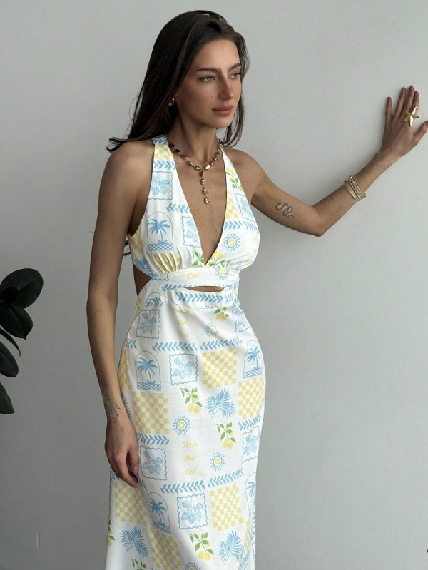 Romantic Backless V-Neck Dress For Vacation And Dates, Sexy A-Line, Spring/Summer