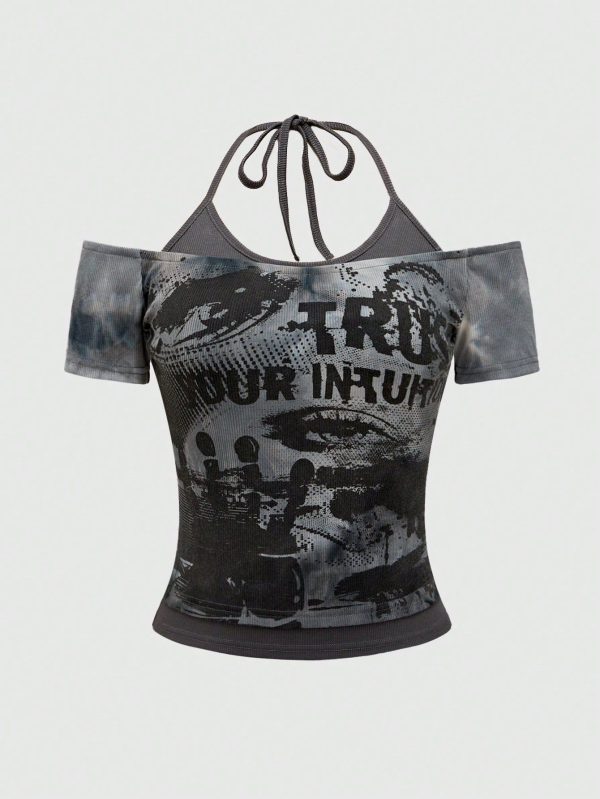 Y2K Modern Eyeglasses Slogan Allover Print Tie-Dye Cropped Top For Women, School