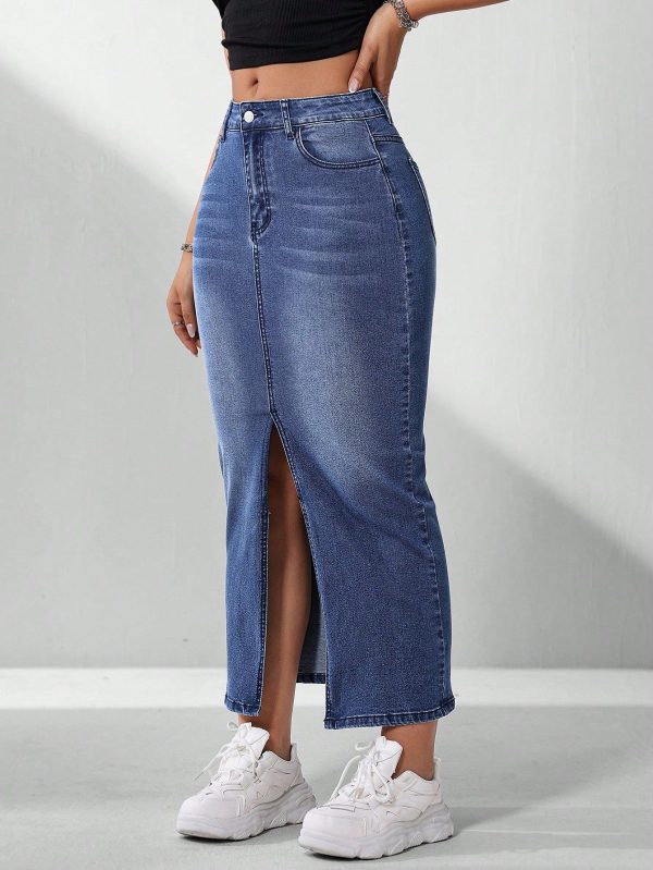 Spring/Summer Casual Water Wash Denim Skirt With Slanted Pocket And Side Slit
