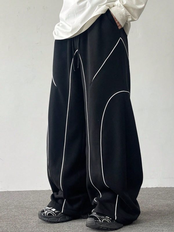 Men's Contrast Binding Drawstring Pockets Loose Casual Sweatpants, Going Out Long Street Wear Oversize Color Block Sweatpants, For Husband, Boyfriend Gifts