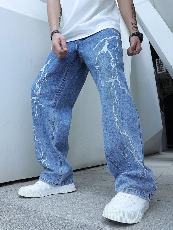 Men Lightning Print Straight Leg Jeans