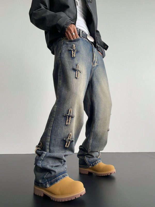 Y2K Retro Streetwear Men's Light Blue Washed Loose Distressed Wide Leg Baggy Jeans, For Husband, Boyfriend Gifts