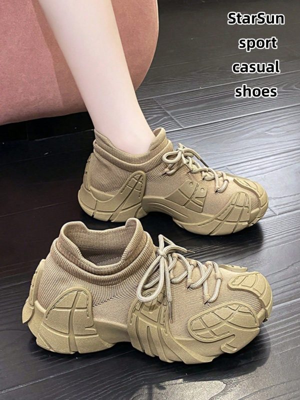 Women's Knitted Mesh Breathable Round Toe Thick Sole Multi-Purpose Casual Sports Sneakers Non-Slip Rubber Outsole Running Shoes, New Spring/Autumn Lace-Up Loafers, Unisex Casual Shoes
