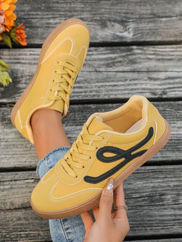 Women Plus Size Casual Yellow Sneakers, School Shoes, Fashionable Flat Lace Up White Trainers, Versatile