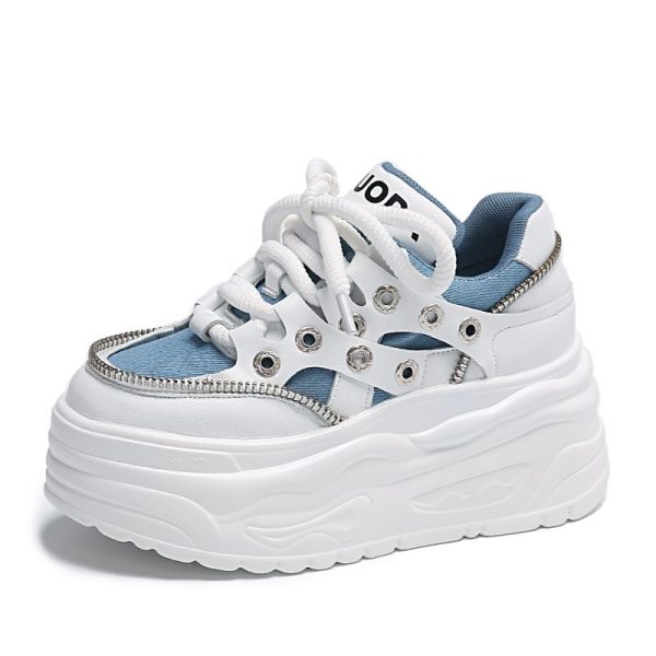 Zingj Sole Small White Shoes Female 2025 Autumn New Fashion Rivets Small Show Thin Loose Cake Shoes Lace Casual Sports Shoes Blue-41