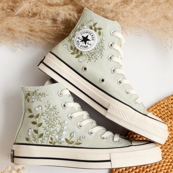 Custom Embroidered Converse High Tops – Small Floral Sneakers, Unique Gift for Her