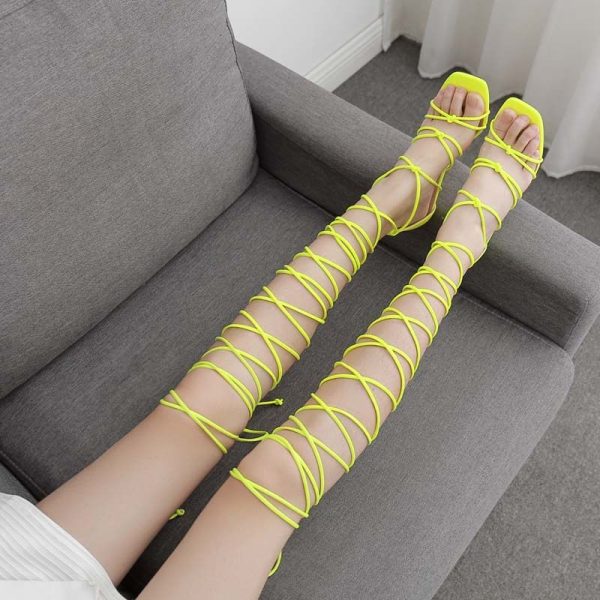 Zingj High-Heeled Women's Shoes Off-The-Shelf Model Lace Roman Shoes Fine Heel Cross-Laced Sandals Fluorescent Yellow-35
