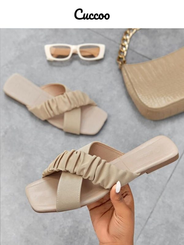 SHUZIA Fashionable Outdoors Flat Slippers For Women, Criss Cross Plain Artificial Leather Open Toe Slide Sandals Summer Shoes Spring Shoes Spring Break Easter Vacation Shoes Casual Shoes Beach Shoes