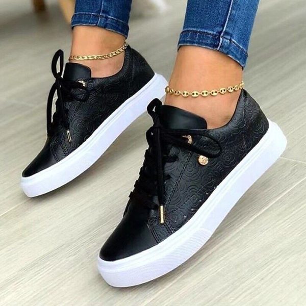 Women's White Casual Lace-Up Sneakers with Cushioned Sole - Trendy Everyday Walking Shoes