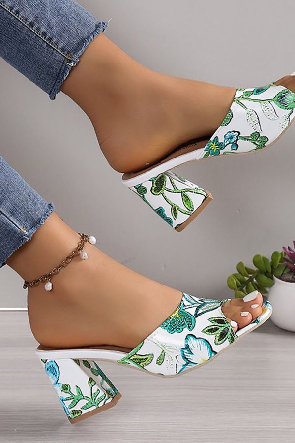 Zapakasa Womne White Flower Chunky Sandals Slippers, Green / US8.5