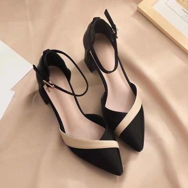 Women's Classic Beige Square Heel Pointed Shoes for Party Ladies Spring Summer Black Buckle PU