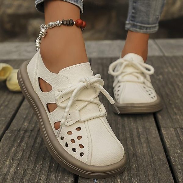 Women's White Cutout Lace-Up Faux Leather Flats – Breathable Casual Walking Shoes for Summer, Travel & Everyday Wear 2025 - $34.99