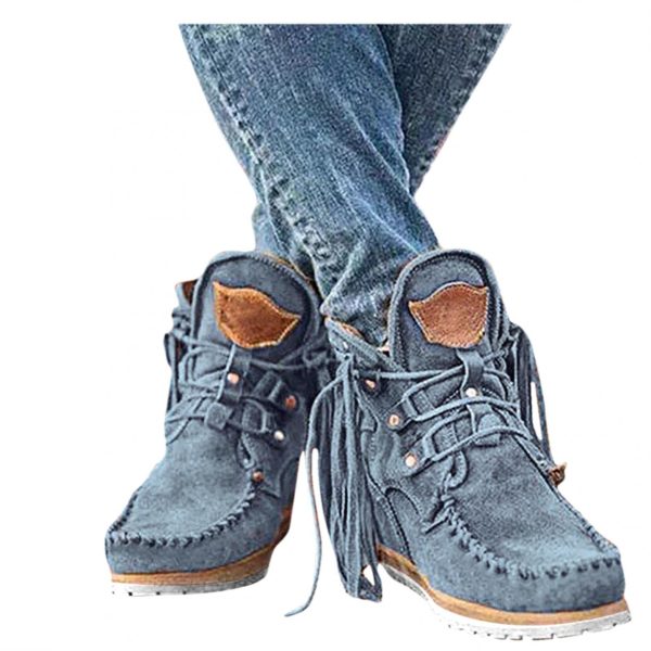 Hbeylia Boho Ankle Booties For Women Ladies With Fringes Ethnic Bohemian Vintage Suede Tassel Lace Up Wide Round Toe Chunky Bottom Heels Low Top Short Boots Retro Beach Slip On Dress Walking Shoes